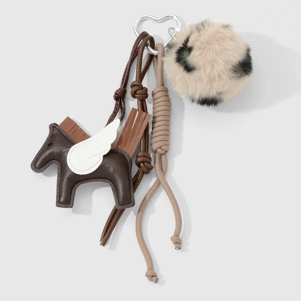 Pegasus bag chain met fluffy pompon - Zilver, bruin en wit