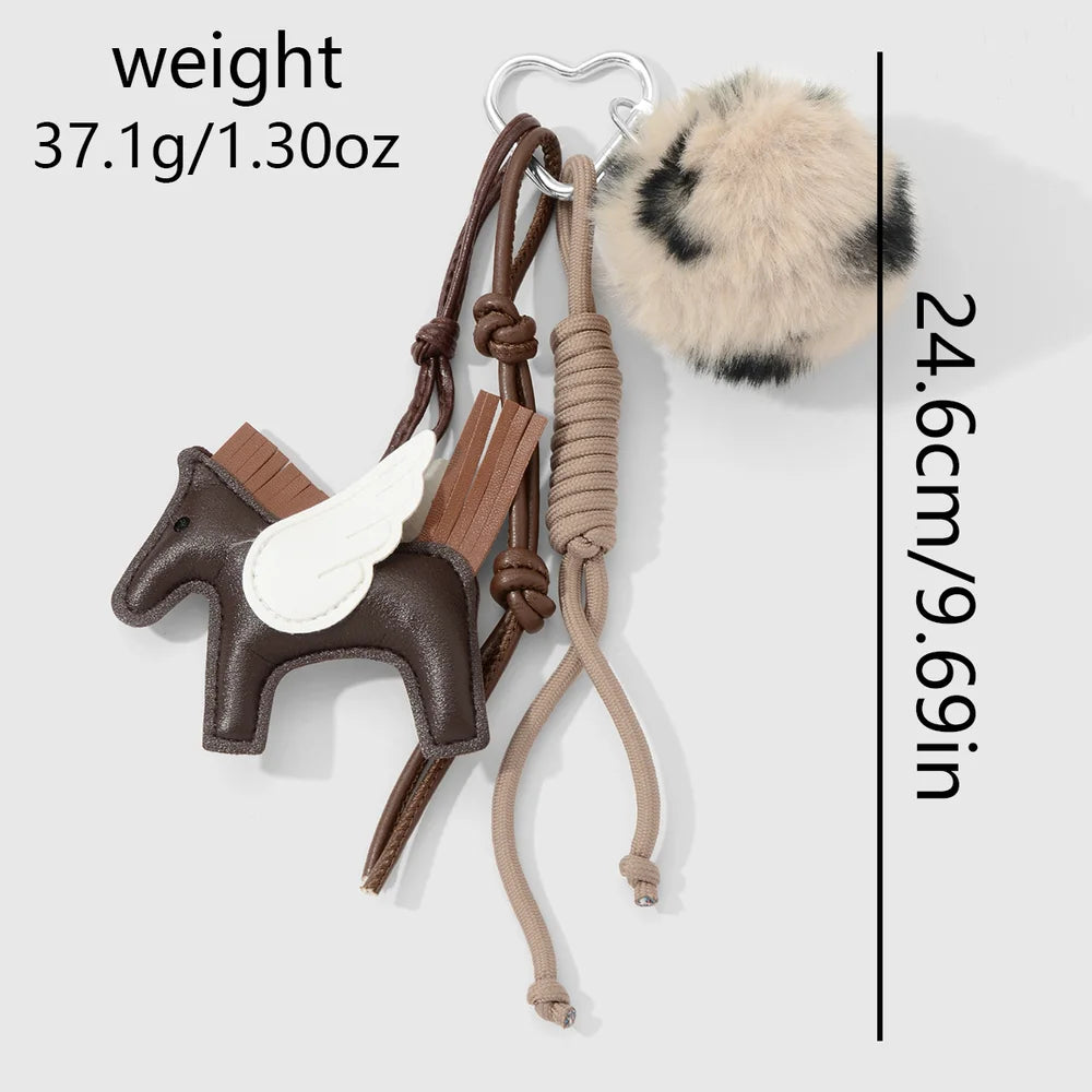 Pegasus bag chain met fluffy pompon - Zilver, bruin en wit